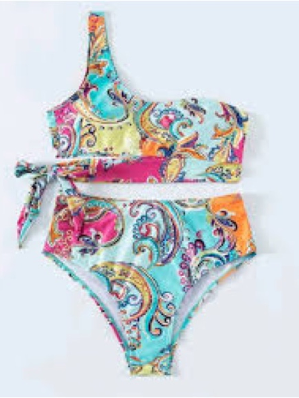 SHEIN Paisley One-Shoulder Kids Bikini in Turquoise, Pink & Orange